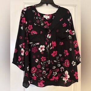 ELLE Black Floral Blouse with Pink & White Blooms